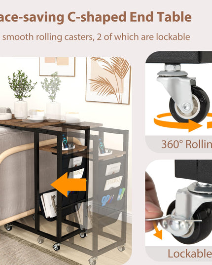 Giantex C Shaped End Table with Charging Station and Wheels