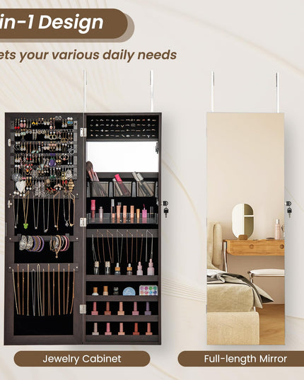 CHARMAID Jewelry Cabinet Wall or Door Mounted, Hanging Lockable Jewelry Armoire Storage with Full Length Mirror