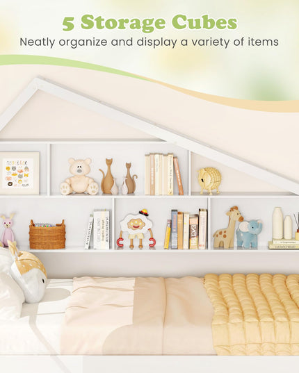 Giantex Full House Bed with Twin Trundle, Wood Daybed with 5 Cube Storage Bookcase & Headboard