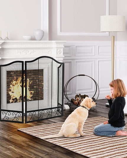 Giantex 3-Panel Folding Fireplace Screen Black - 50 x 31 Inch No Assembly Required Decorative Freestanding Steel Mesh Fire Screen