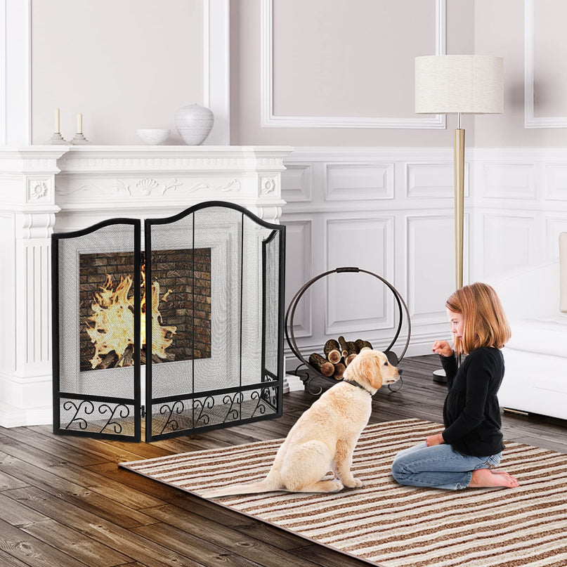 Giantex 3-Panel Folding Fireplace Screen Black - 50 x 31 Inch No Assembly Required Decorative Freestanding Steel Mesh Fire Screen