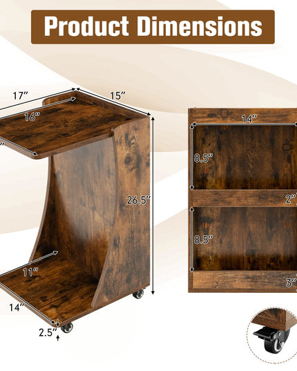 Giantex C Shaped End Table - Mobile 2-Tier Snack Side Table w/Back Storage Shelves