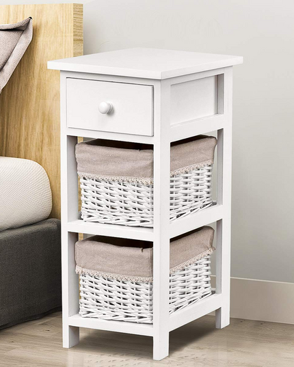Giantex Wooden Nightstand 3-Tier Modern Bedside Table with 1 Drawer and 2 Storage Baskets