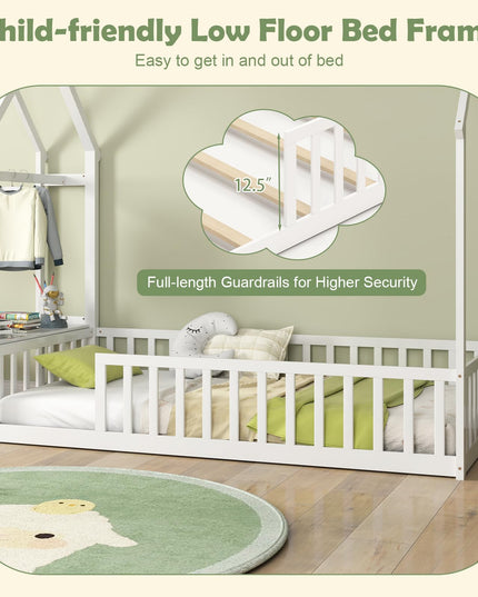 Giantex Twin House Floor Bed, Solid Wood Montessori Floor Bed with Detachable Storage Shelf & Clothes Hanger