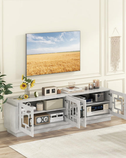 Giantex Farmhouse TV Stand for TVs up to 75”, 4-Door Glass Entertainment Center with 2 Cabinets