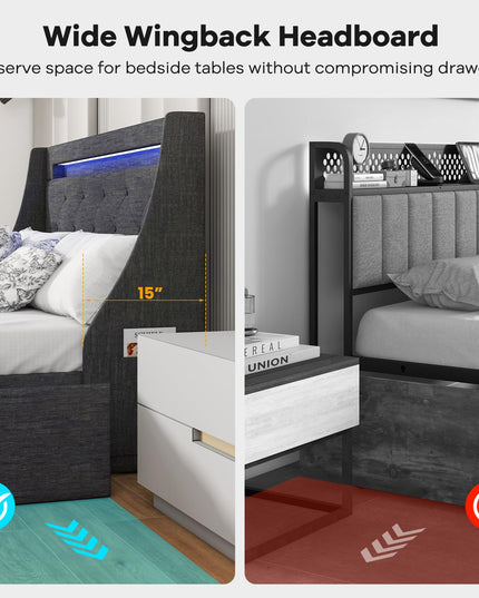 Giantex Bed Frame with LED Lights & Charging Station, Upholstered Platform Bed with Wingback Headboard
