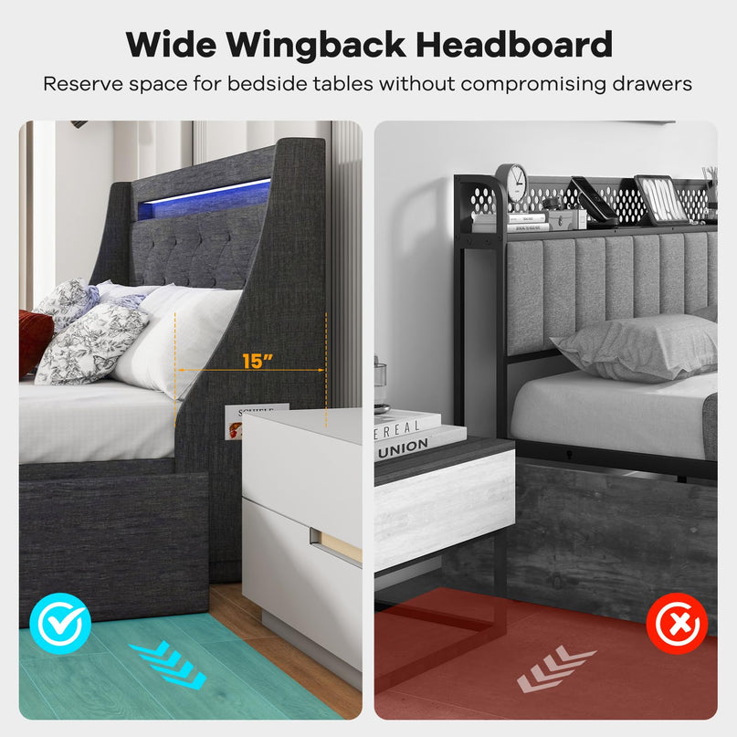 Giantex Bed Frame with LED Lights & Charging Station, Upholstered Platform Bed with Wingback Headboard