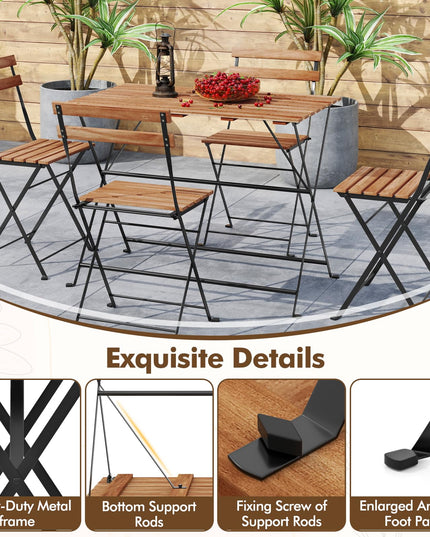 Giantex Acacia Wood Bistro Table with 4 Folding Patio Chairs for Yard Porch Garden Poolside
