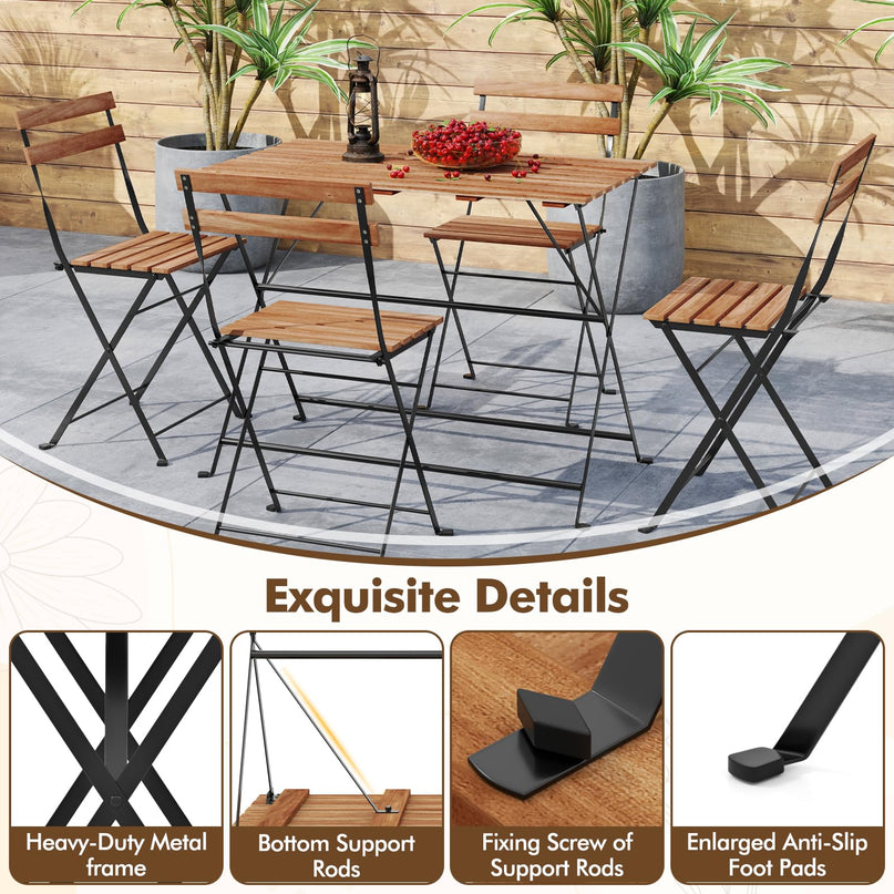 Giantex Acacia Wood Bistro Table with 4 Folding Patio Chairs for Yard Porch Garden Poolside