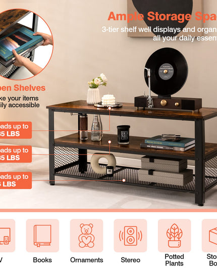 Giantex TV Stand for TV up to 50 Inches, 43.5 inch Wood Industrial TV Cabinet with 3-Tier Storage Shelves, Rustic Brown