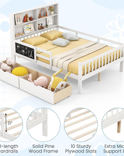 Giantex 2 Storage Drawers, Solid Wood Kids Bed Frame w/Bookcase Headboard & Blackboard