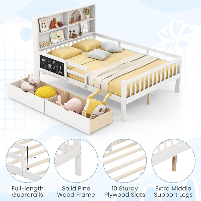 Giantex 2 Storage Drawers, Solid Wood Kids Bed Frame w/Bookcase Headboard & Blackboard