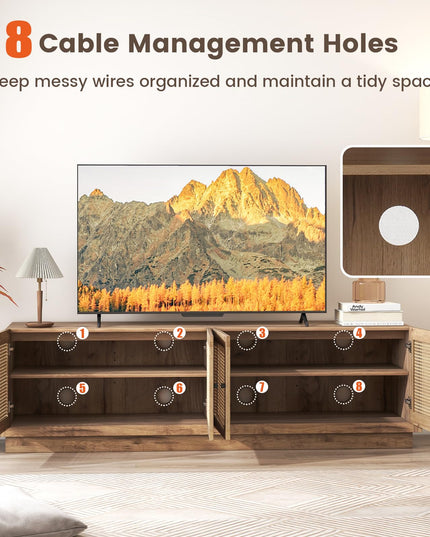 Giantex Farmhouse TV Stand for TVs up to 75”, 4-Door PE Rattan Entertainment Center