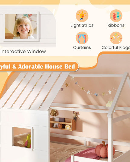 Giantex Twin Size Loft Bed with LED Lights Roof Window & Storage Bookshelf