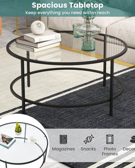 Giantex 35.5”D Round Coffee Table - Modern Coffee Table with Tempered Glass Tabletop