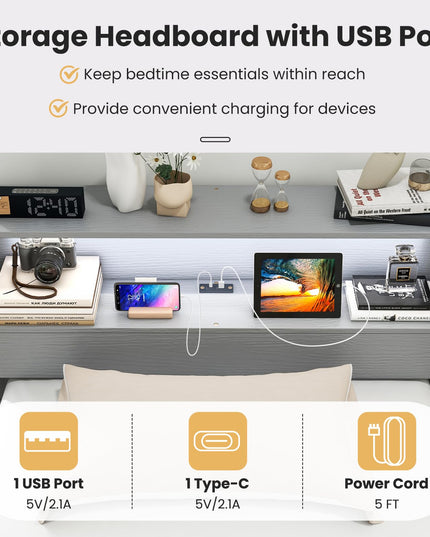 Giantex Twin Bed Frames with Storage Headboard, Wood Platform Bed with Charging Station & LED Light
