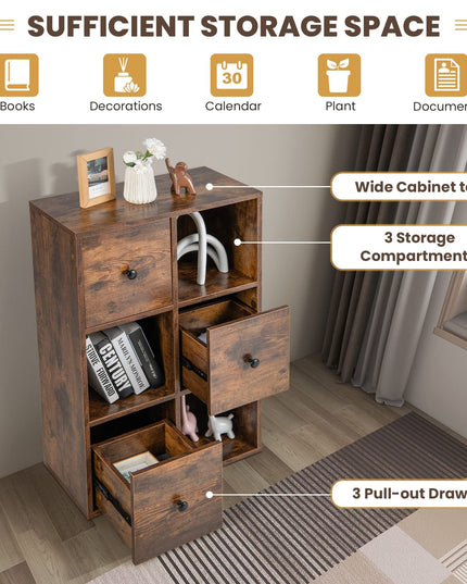 Giantex 6-Cube Bookcase with Drawers, 3-Tier Freestanding Wooden Bookshelf with Anti-toppling Device
