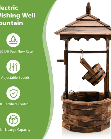 Giantex Rustic Wishing Well Fountain, Outdoor Wooden Water Fountain with Electric Pump
