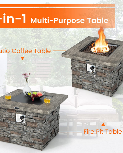 34.5" Propane Gas Fire Pit Table - Patio 2-in-1 Outdoor Square Fire Table W/ Volcanic Rock & PVC Cover
