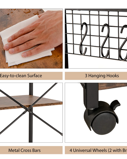 Giantex Kitchen Baker Rack on Wheels, Industrial Utility Storage Shelf, with 3 Hooks (Rustic Brown)