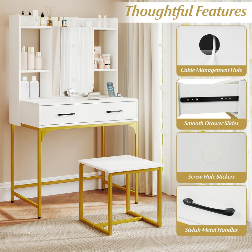 Vanity Desk with Charging Station for Bedroom