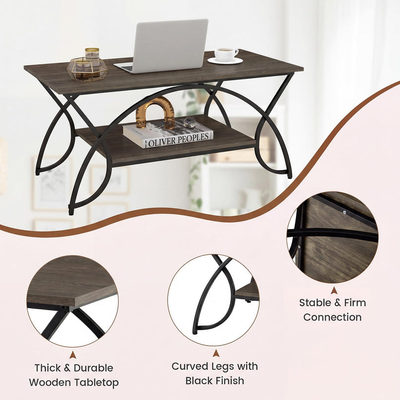 Giantex Table Basse en Bois de 39,5" avec Étagère de Rangement Ouverte et Cadre en Métal Finition Noire