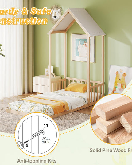 Giantex Twin Size House Bed with House Shape Roof & Semi-Fence