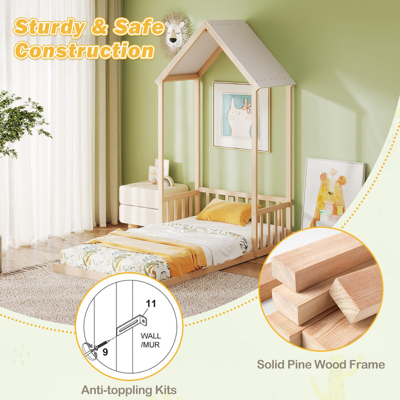 Giantex Twin Size House Bed with House Shape Roof & Semi-Fence