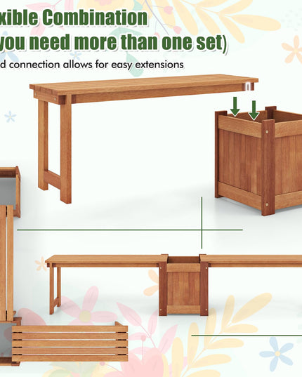Giantex Outdoor Bench with Raised Garden Bed, Wood Seat with Teak Oil Finish, Planter Box with Open-Ended Base