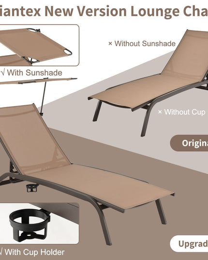 Giantex Outdoor Chaise Lounge Chair, Tanning Chair with Sunshade and Smooth Wheels, 6-Level Adjustable Position