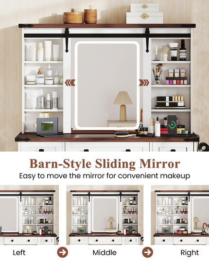 CHARMAID Farmhouse Vanity Table with Barn-Style Sliding Lighted Mirror
