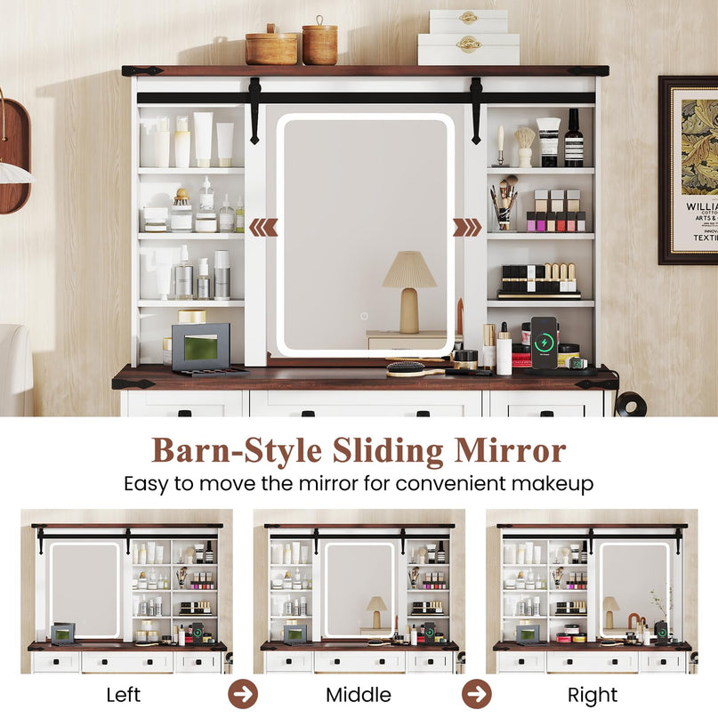 CHARMAID Farmhouse Vanity Table with Barn-Style Sliding Lighted Mirror