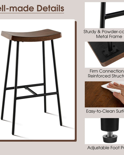 Industrial Saddle Stool with Footrest, Metal Legs, Adjustable Foot Pads, Backless Counter Height Chair for Living Room Kitchen Bar