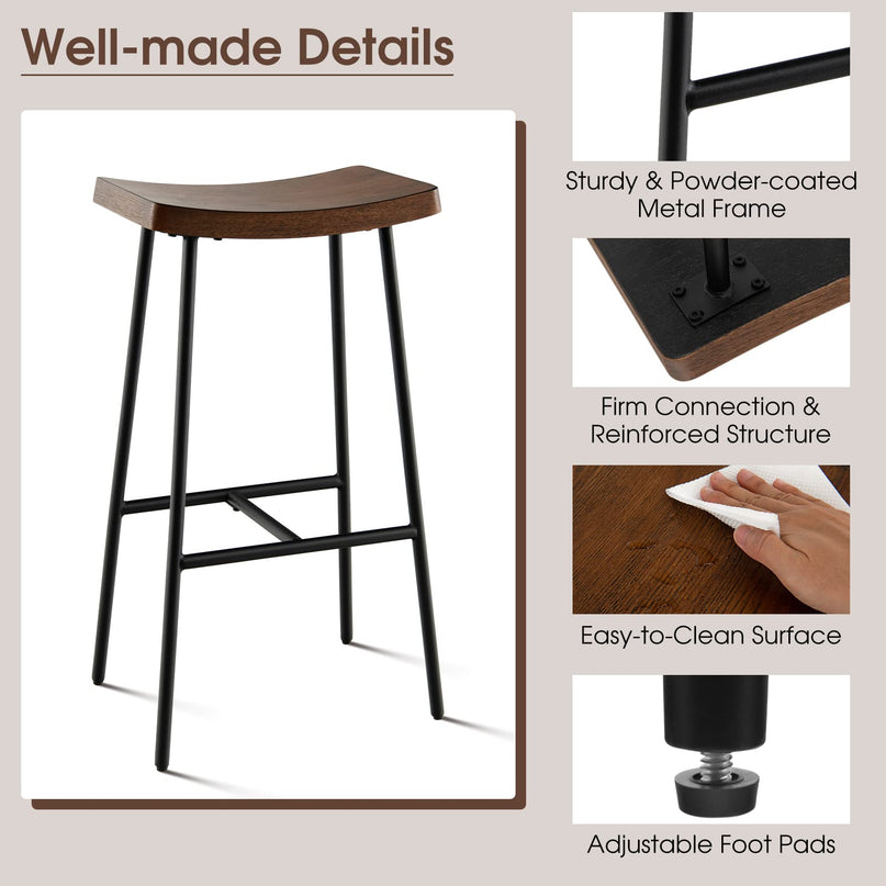 Industrial Saddle Stool with Footrest, Metal Legs, Adjustable Foot Pads, Backless Counter Height Chair for Living Room Kitchen Bar