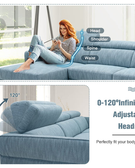 Giantex L-Shaped Sofa Couch, 3-Seat Upholstered Sofa with Wide Chaise Lounge, Adjustable Headrest, Blue