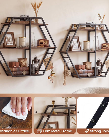 GIANTEX Industrial Hexagon Wall Shelf with 3-Tier Storage Shelves & 4 Hooks