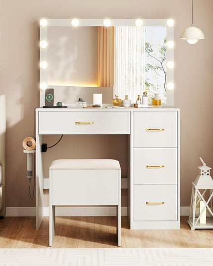 CHARMAID White Vanity Desk with Mirror and Lights | Modern Bedroom Dressing Table