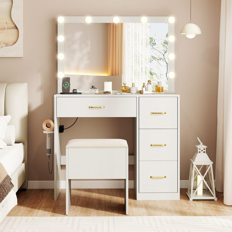 CHARMAID White Vanity Desk with Mirror and Lights | Modern Bedroom Dressing Table