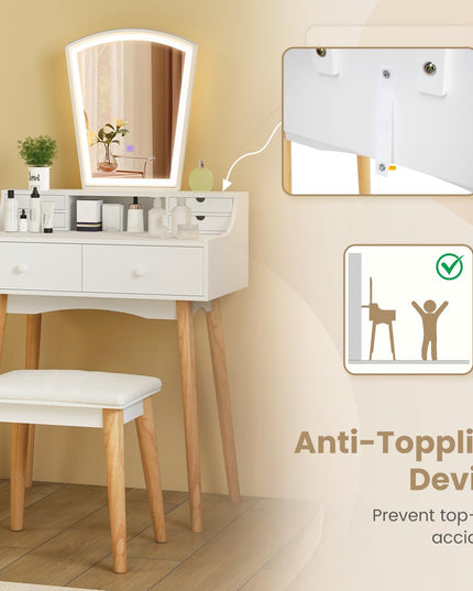 Small Vanity Desk with Mirror and Lights, White Makeup Vanity Desk with 6 Drawers