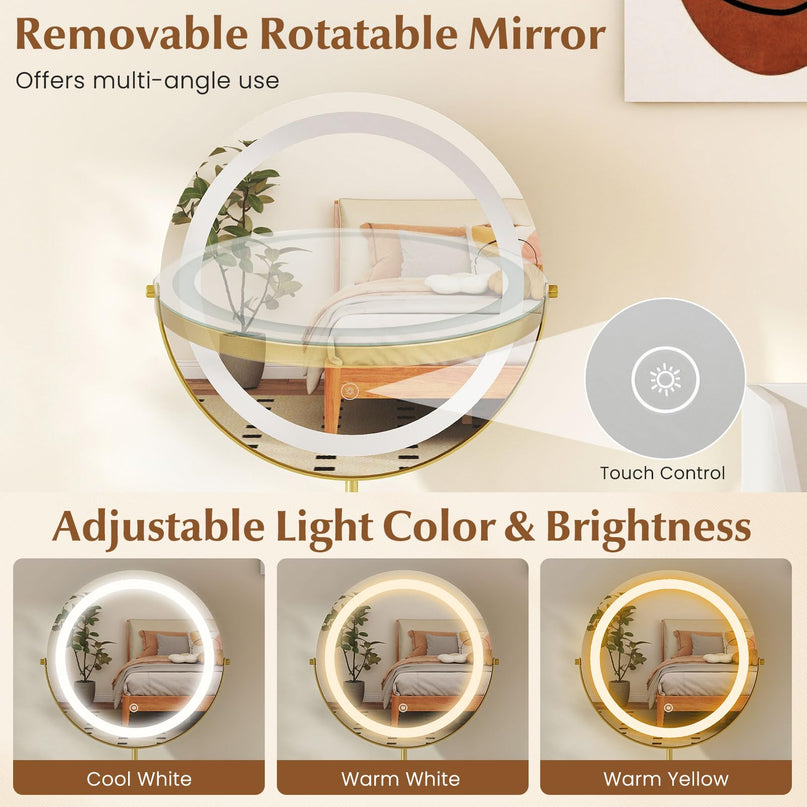 Coiffeuse avec miroir LED et meuble cannelé éclairé