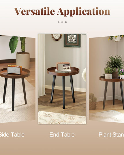 Giantex Round End Table with Wooden Tray & Bamboo Legs