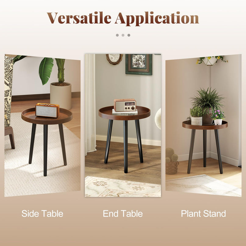 Giantex Round End Table with Wooden Tray & Bamboo Legs