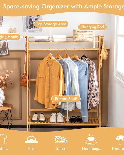 Giantex 3 Tier Bamboo Clothing Rack with Shelves, Heavy Duty Freestanding Clothes Organizer Rack with Coat Hooks