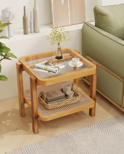 Giantex Rattan Side Table, Boho End Table for Living Room, Narrow Bedside Table with Tempered Glass Top