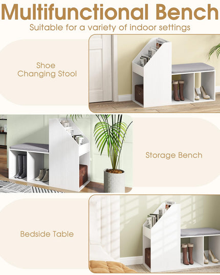 Giantex Shoe Storage Bench, Entryway Bench w/Side Holder & Padded Seat Cushion, 3 Storage Compartments
