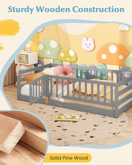 Giantex Twin Floor Bed with High Fence & Door