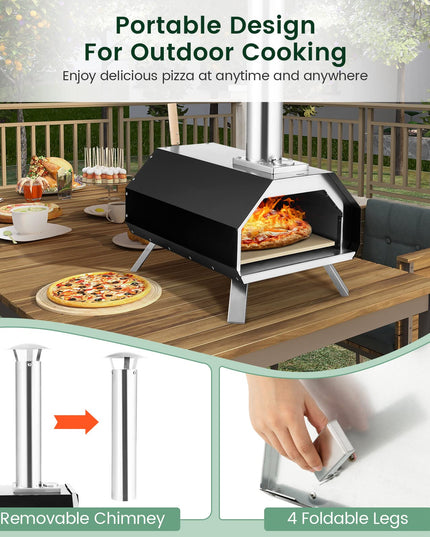 Giantex Outdoor Pizza Oven, Wood Pellet Fired Pizza Grill with 12'' Pizza Stone, Pizza Peel, (Black & Silver)