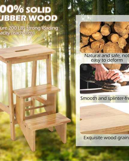 Giantex Folding 3 Tier Step Ladder, Multipurpose 3-in-1 Wood Step Stool with Anti-Slip (Natural)