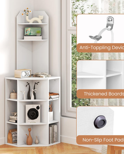 Giantex 6-Tier Corner Shelf with Charging Station, 63" Tall Corner Bookshelf with 2 USB Ports & 2 Outlets