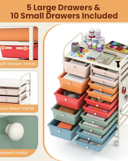 Giantex 15 Drawer Rolling Storage Cart with Metal Tabletop & Pegboard